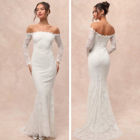 Lulus Beloved Promise White Lace Off-the-Shoulder Mermaid Maxi Dress Size Large - Picture 1 of 9
